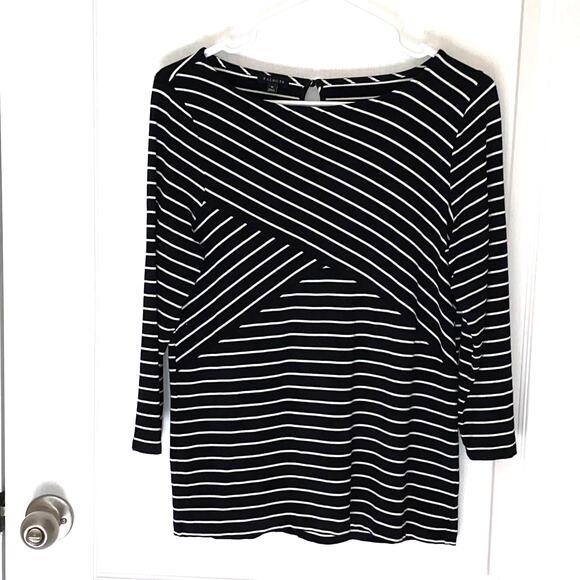Talbots Wms Med Black White Striped Crossover Stretch Knit Pullover Top Casual - Picture 6 of 8
